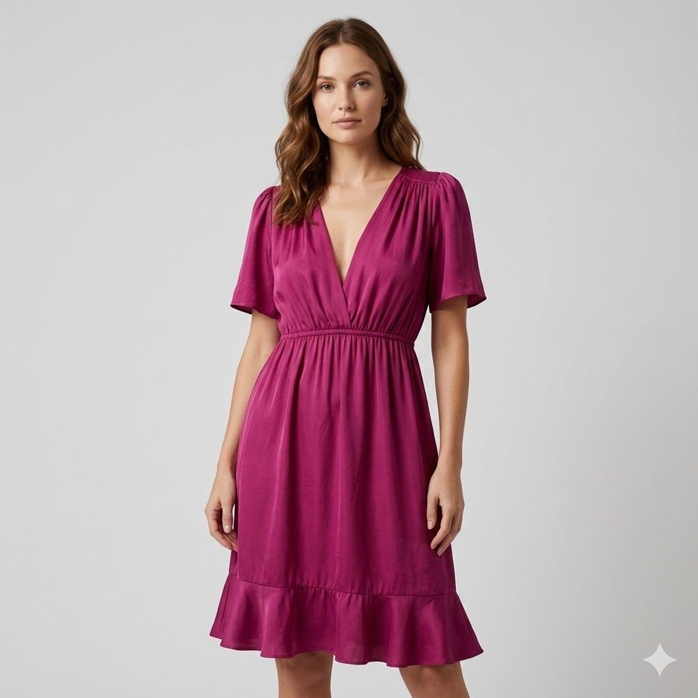 Amanda Uprichard Womens Magenta Silk V-Neck‎ Flutter Sleeve Spring Midi Dress M